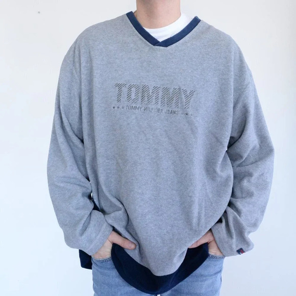 Tommy Hilfiger Vintage Y2K Blue & Grey V-Neck Sweater ~XLarge - Picture 3 of 11